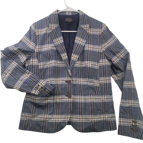 Pendleton Womens Plaid Blazer Jacket Size 12 Beige & Navy NWT - Picture 1 of 12